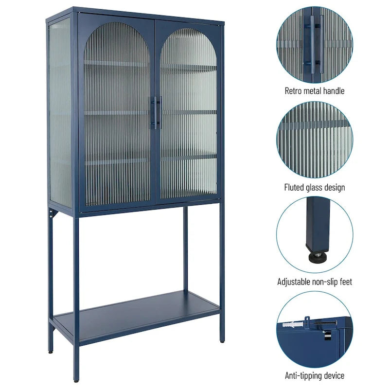 Elegant Floor Cabinet with 2 Glass Arched Doors Living Room Display Cabinet with Adjustable Shelves Anti-Tip Dust-free