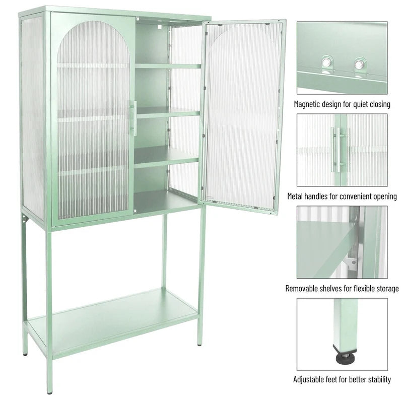 Elegant Floor Cabinet with 2 Glass Arched Doors Living Room Display Cabinet with Adjustable Shelves Anti-Tip Dust-free
