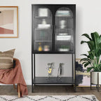 Elegant Floor Cabinet with 2 Glass Arched Doors Living Room Display Cabinet with Adjustable Shelves Anti-Tip Dust-free
