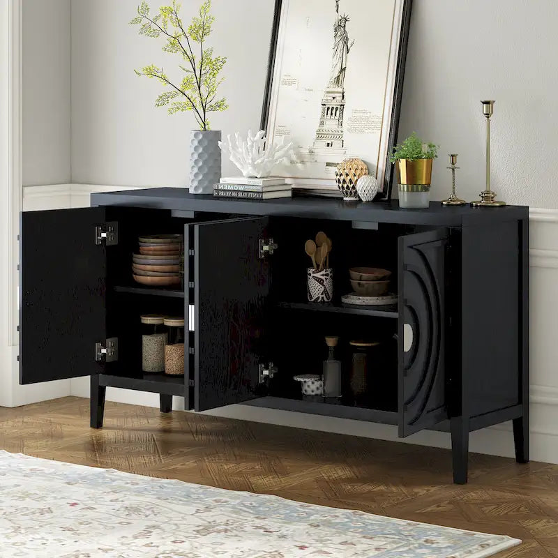 Retro Circular Groove Design Sideboard with Round Metal Door Handle