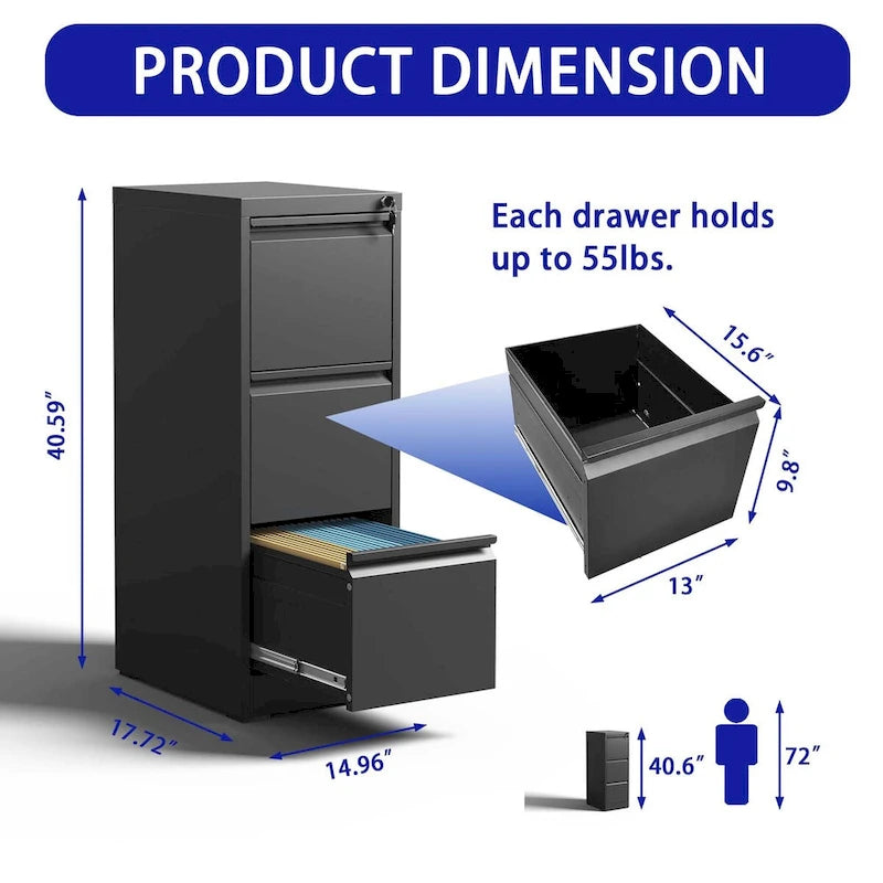 3 Drawer Metal Vertical File Cabinet with Lock Office Home Steel Vertical File Cabinet for A4 Legal/Letter Size3