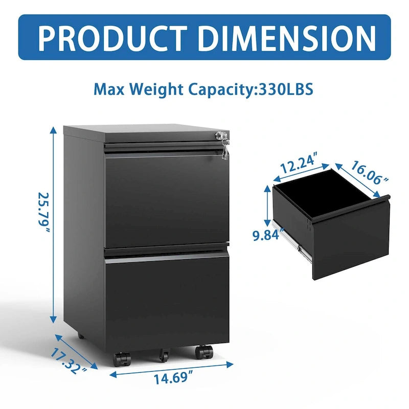 2 Drawer Metal Mobile File Cabinet with Lock for Hanging Legal/Letter/A4 Size
