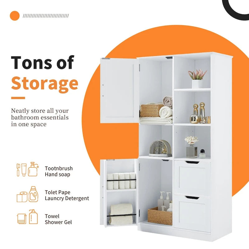 Bathroom Storage Cabinet with Doors and Drawers,Multiple Storage Space,Freestanding Style,Open Shelve, Adjustable Shelf, White