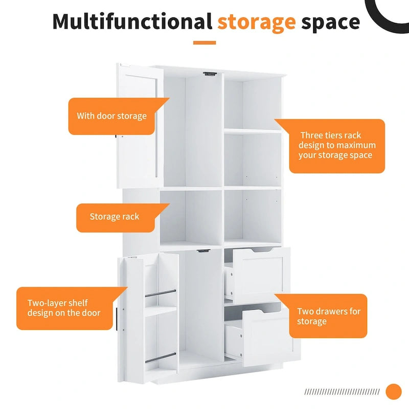 Bathroom Storage Cabinet with Doors and Drawers,Multiple Storage Space,Freestanding Style,Open Shelve, Adjustable Shelf, White